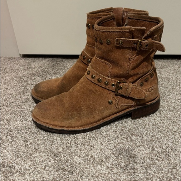 🐂 UGG Brown Tan Suede Studded Ankle Boots - Picture 3 of 8